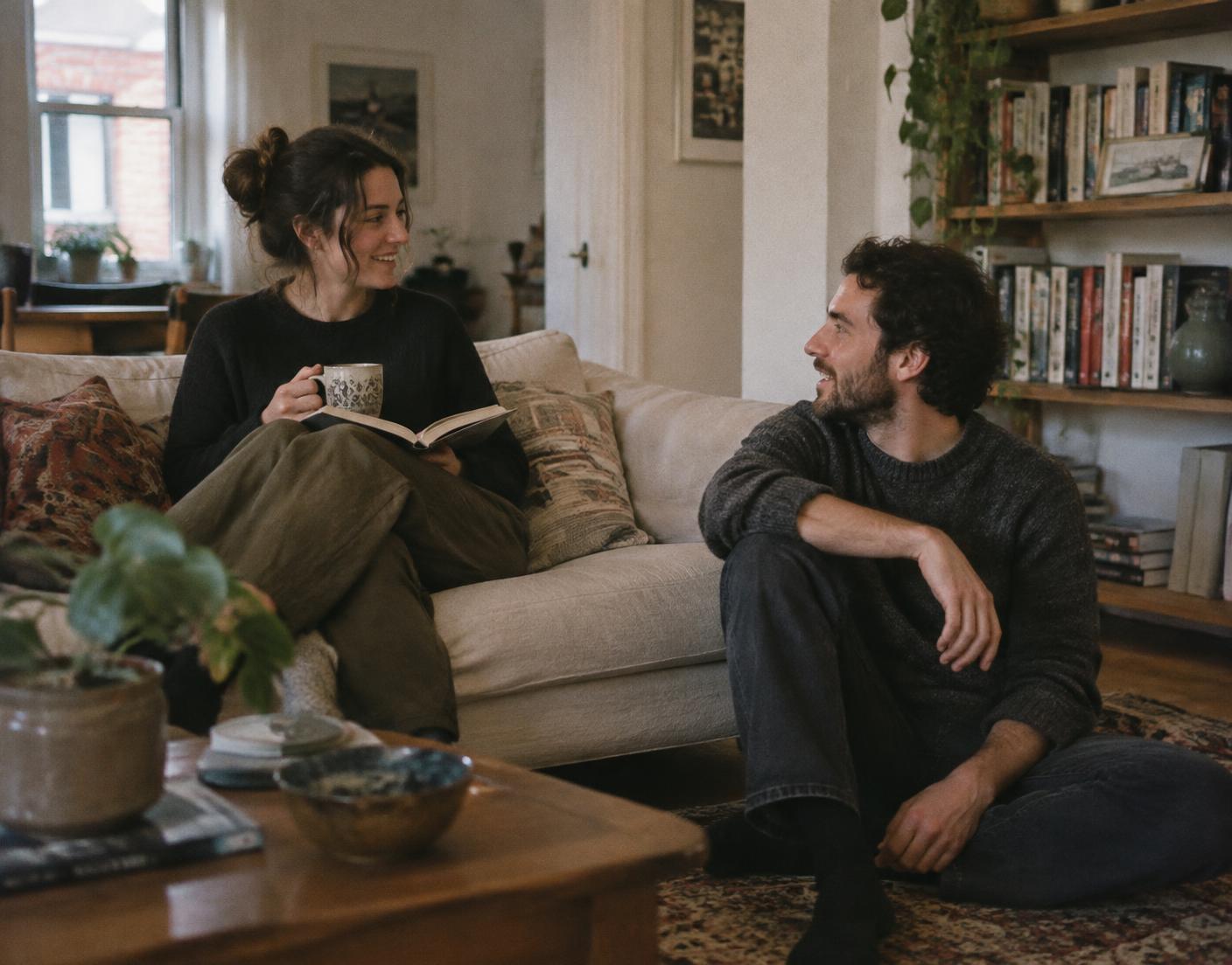 A couple talking in their living room, one on the sofa with a book and coffee, the other sitting on the floor
